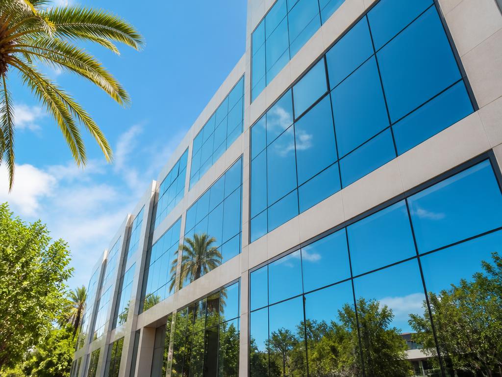 Fachada acristalada de oficina en Palma de Mallorca con cristales limpios y brillantes