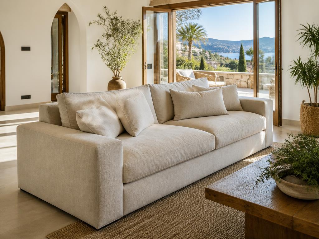 El mismo sofá de tela beige limpio y sin manchas después de la limpieza profesional en Palma de Mallorca